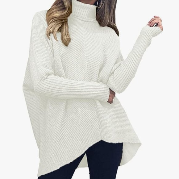 Turtleneck Long Batwing Sleeve Asymmetric Hem Casual Pullover Sweater Knit Tops - Picture 2 of 9